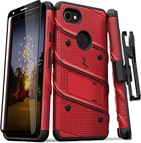 ZIZO Bolt Series Google Pixel 3a XL Case | Heavy-Duty Military-Grade Drop Protection w/Kickstand Included Belt Clip Holster Tempered Glass Lanyard (Red/Black)