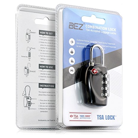 TSA Lock - 4 Digit Combination [Zinc Alloy Material] - BEZ® Best TSA Approved Lock For Travel Safety and Security - Lock Alert, Heavy Duty, Assorted Colors TSA Suitcase Lock - Lock Safe Protection – Black