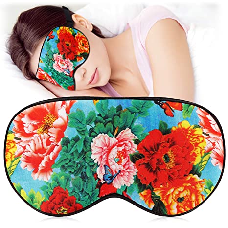 Silk Sleep Eye Mask Blindfold with Adjustable Strap, Super Soft Eye Cover for Women Night Sleeping, Travel, Nap, Shift Work（Chrysanthemum）