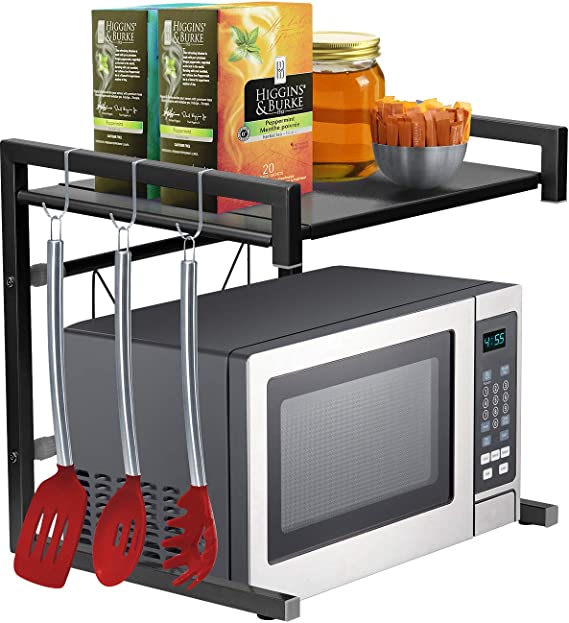 Sorbus Microwave Oven Rack Shelf Stand with Hooks, Expandable Adjustable Kitchen Countertop Storage Organizer, Space-saver