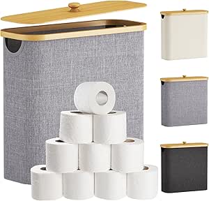 Lifewit 30L Rangement Papier Toilette, Bambou Boite Rangement Salle de Bain avec Couvercle, Réserves à Rouleaux de Panier Papier Toilette, Gris