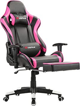 Morfan Gaming Chair New Sixe with Footrest ，Massage and Rocking Function Fashion Office Chair Racing Style Desk Chair (Pink)
