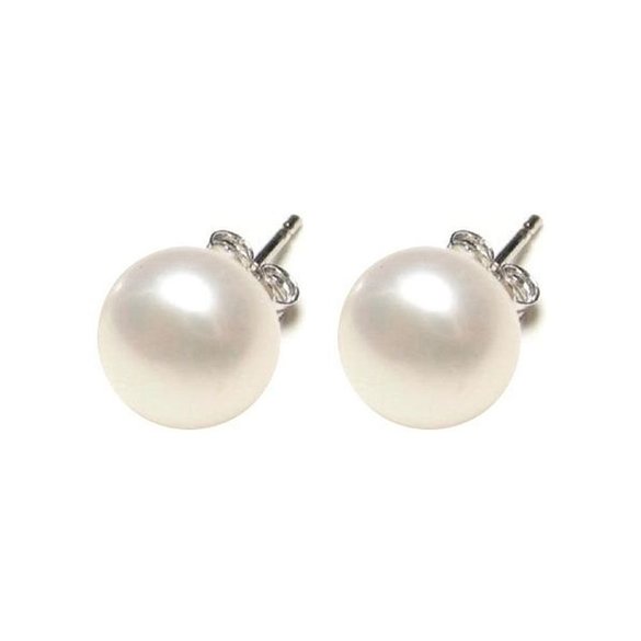 Freshwater Cultured White Pearl Button Rhodium Plated 925 Sterling Silver Stud Earrings