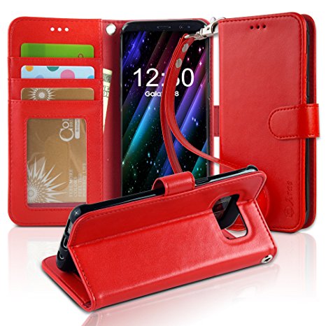 Galaxy s8 Case, Arae [Wrist Strap] Flip Folio [Kickstand Feature] PU leather wallet case with ID&Credit Card Pockets For Samsung Galaxy s8 (NOT for galaxy s8 plus) (bloodred)