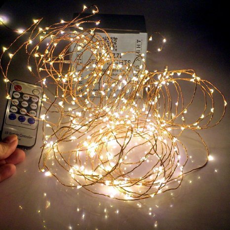 Qualizzi Starry Lights 60 Feet Xx-Long  360 Leds with Remote Control Dimmer Warm White Twinkling Lights on Copper Wire String Plus E-book Fading Fairy Effects White 110220v Pw Adaptor