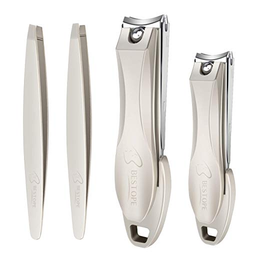 BESTOPE Nail Clipper Tweezers Set,4PCS Professional Fingernail and Toenail Clippers   Slant & Flat Tweezers,Heavy Duty Steel Sharp Sturdy Nail Cutter Trimmer Set With Metal Case for Men and Women