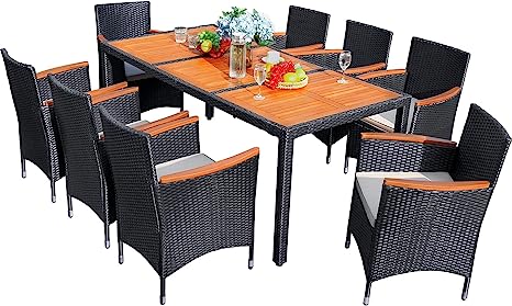 Flamaker 9 Piece Patio Dining Set Outdoor Acacia Wood Table and Chairs with Soft Cushions Wicker Patio Furniture for Deck, Backyard, Garden