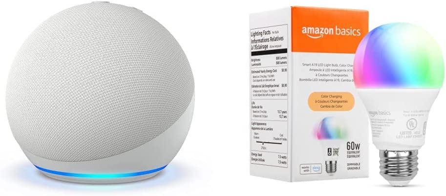 Echo Dot (5th Gen) | Glacier White with Amazon Basics Smart Color Bulb