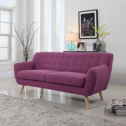 Mid-Century Modern Linen Fabric Sofa in Color Purple