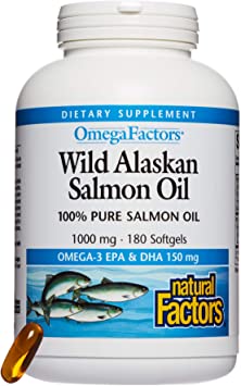 Omega Factors by Natural Factors, Wild Alaskan Salmon Oil, Supports Heart and Brain Health with Omega-3 DHA and EPA, 180 softgels (180 servings)
