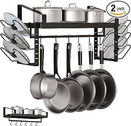 KINDEN 2 Pack 23 Inch Pot Rack Wall Mounted,Hanging Pot Organizer and Pans Lids Storage, Kitchen Cookware Hanging Shelves with 12 Hooks (Black)
