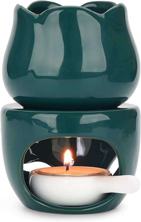 ComSaf Wax Melt Essential Oil Burner with Tealight Spoon, Removable Aromatherapy Burner Green Ceramic Aroma Oil Candle Diffuser Wax Tart Warmer for Home Bedroom Decor Christmas Housewarming Gift