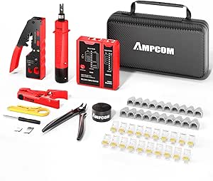 AMPCOM Ethernet Crimping Tool Kit 10-in-1 Pass Through RJ45/RJ11 Network Tool Kit with RJ45 Tester for Cat6/5e RJ45 Connectors, Includes 110 Punch Down Tool & Wire Stripper, Portable Waterproof Bag