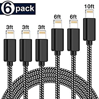 KRISLOG MFi Certified Lightning Cable,iPhone Charger(3/3/3/6/6/10ft) Nylon Braided USB Fast Charging&Data Syncing Cord Compatible iPhone Xs MAX XR 8 8 Plus 7 7 Plus 6s 6s Plus-6Pack Black