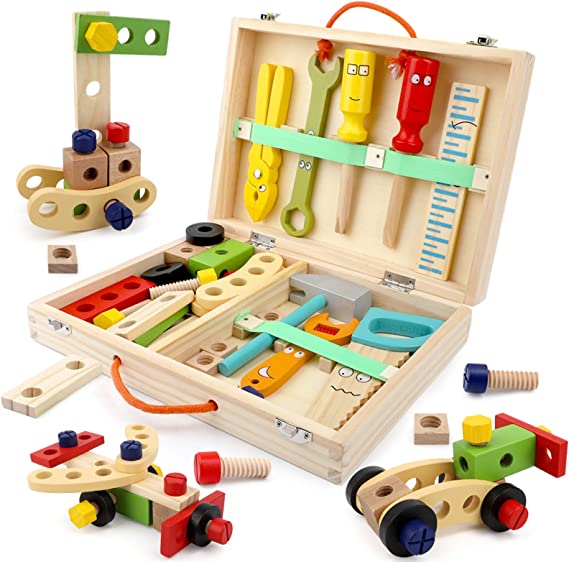 Aomola Tool Kit for Kids Wooden Tool Box Set with Colorful Tools Pretend Play Toys Gifts for Toddlers Boys Girls Educational Construction Toy