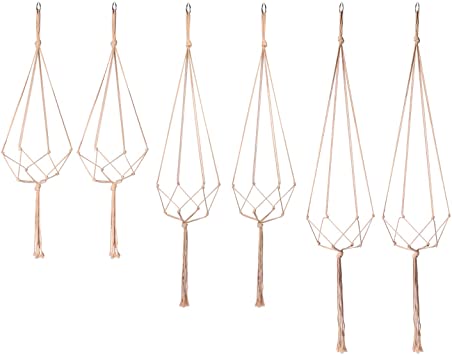 POTEY 660202 Macrame Plant Hangers - Simple Design Indoor Outdoor Plant Pot Hangers,Hanging Plant Holder Handmade Cotton Rope for Home Decor 6 Pack, 4 Legs,35''/40.5''/47'',Brown