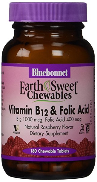 Bluebonnet Earth Sweet Vitamin B-12 And Folic Acid Chewable Tablets, Raspberry, 180 Count