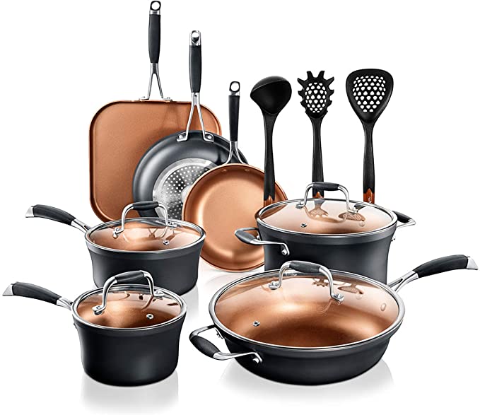 NutriChef Stackable Pots and Pans Set – 14-pcs Luxurious Stackable Cookware Set – Sauce Pans Nonstick Set with Lids– Healthy Food-Grade Copper Non-Stick Ceramic Coating - PTFE, PFOA, and PFOS Free