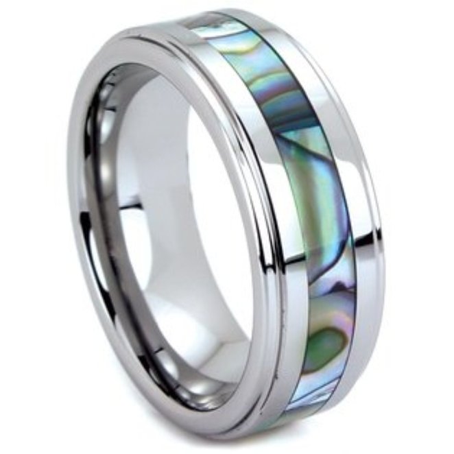 King Will Men Tungsten Carbide Ring Engagement Wedding Band Abalone Shell Inlay Step Edge