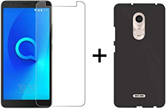 TBOC® Pack: Black TPU Silicone Gel Case   Tempered Glass Screen Protector for Alcatel 3C 5026A 5026D [6.0 Inches] - Soft Jelly Rubber Skin Cover. Premium Clear Crystal.