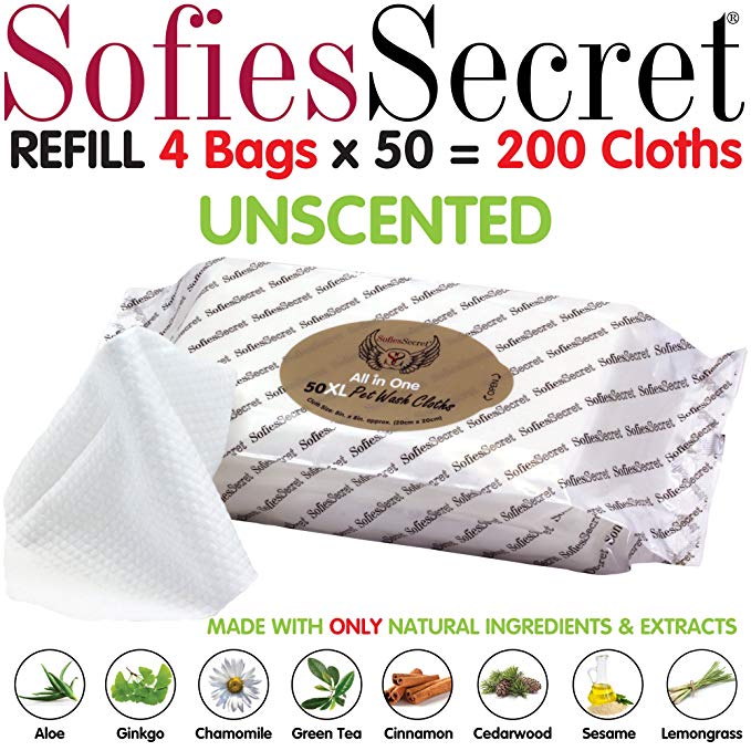 SofiesSecret XL PET WIPES, All In One Grooming, for Paws, Coat, Skin, Face, Ears and Teeth, 100% Natural & Organic Extracts, Extra Thick, Extra Large Cruelty Free and Vegan