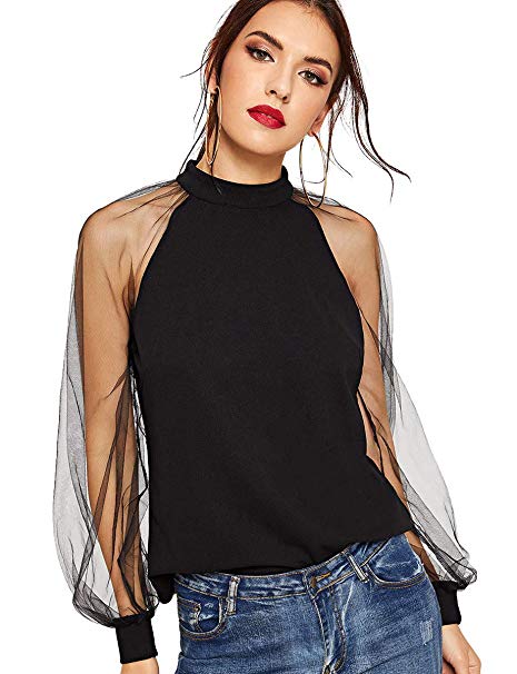 Romwe Women's Mesh Sheer Long Sleeve Puff Solid Loose Party Blouse Tops