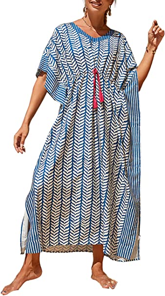 Bsubseach Geometric Print Kaftan Dresses for Women Caftans Loungewear with Waist Drawstring