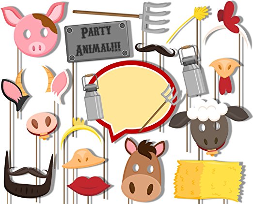 Farm Animals Barnyard Photo Booth Props Kit - 20 Pack Party Camera Props Fully Assembled