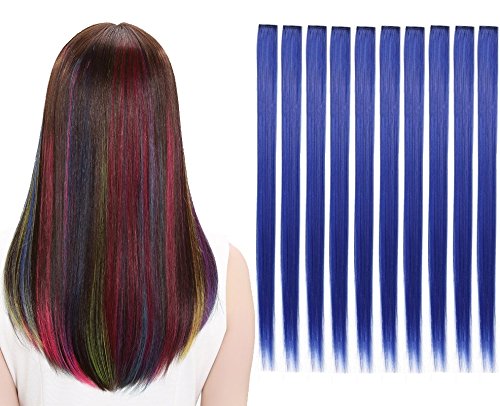 LiaSun 10Pcs/set Multi-Colors Straight Highlight Clip in Hair Extensions 20 Inch Colored Party Hair Pieces (Blue)