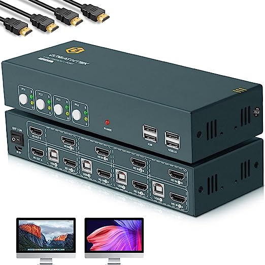 KVM Switch Dual Monitor, 4 Port KVM Switch HDMI 4K@60Hz, KVM Switches USB 2.0, KVM Switch HDMI 4 Port, Button Switch and Hotkey Switch, Plug and Play, KVM Switch 4 Computers 2 Monitors