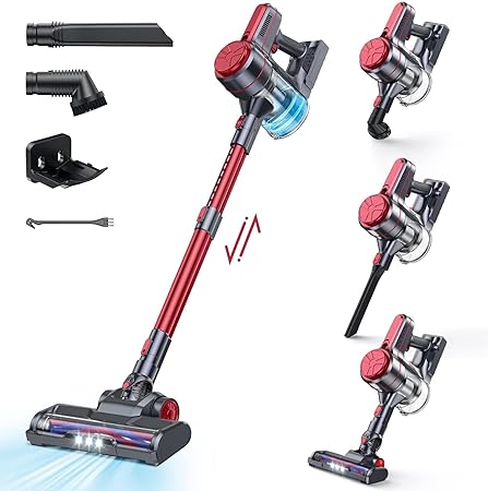 EICOBOT Cordless Vacuum Cleaner,20000Pa High Efficiency Stick Vacuum,6 in 1 Lightweight Quiet Vacuum Cleaner with 35min Long Runtime,Detachable Battery,for Hardwood Floor Pet Hair,Car,Dragonfly Red