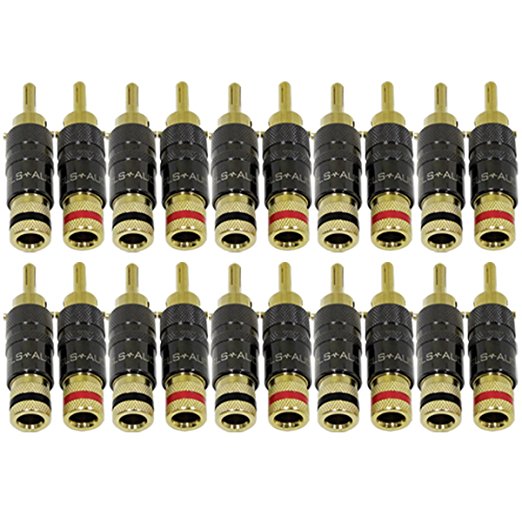 GLS Audio Locking Series Generation 4 Gold Connector Banana Plugs Banana Clips - 20 Pack (10 Red & 10 Black)