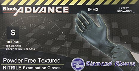 Diamond Gloves Black Advance Nitrile Examination Powder-Free Gloves, Heavy Duty, Small, 100 Count