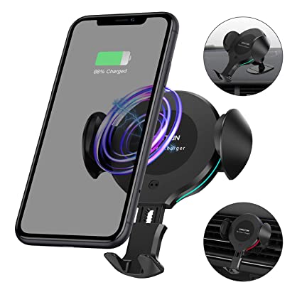 OMOTON Wireless Car Charger Mount - 10W/7.5W Qi Fast Charging Auto-Clamping Car Mount, Dashboard Air Vent Phone Holder with RGB LED Lighting Ring, Compatible with iPhone, Samsung, Google, Nokia