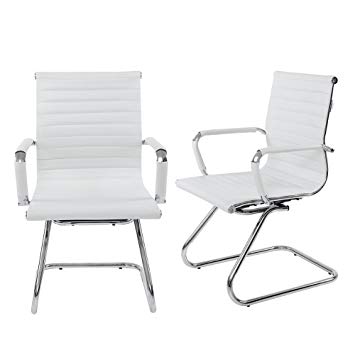 Wahson Heavy Duty Leather Office Guest Chair Mid Back Sled Reception Conference Room Chairs, Set of 2 (White)