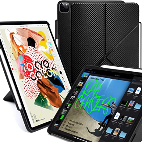 KHOMO iPad Case Pro 11 Case 2nd Generation 2020 with Pencil Holder - Dual Origami Series - Horizontal and Vertical Stand - Supports Apple Pen Charging - Carbon Fiber