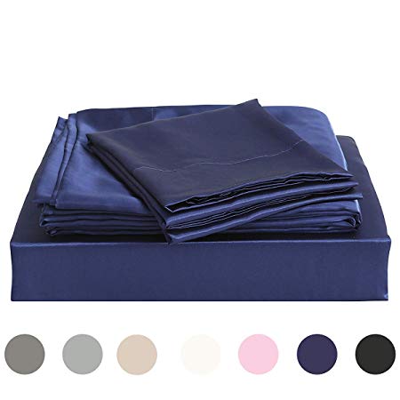 Homiest King Sheet Set Navy Blue Satin Bedding Sheets Set, 4pc King Bed Sheet Set with Deep Pockets Fitted Sheet