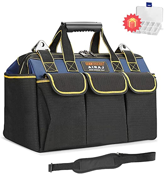AIRAJ 15-in Waterproof Tool Bag, Wide Mouth Large Capacity Tool Storage Bag with Inside/Outside Pockets for Tools Storage for Woodworker Electricians Tool Tube Bag