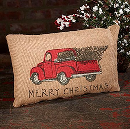 Red Truck Christmas Holiday Decor Vintage Burlap Accent Throw Pillow 12-in x 8-in