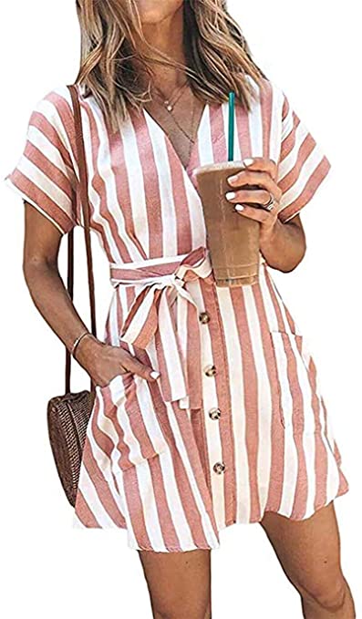 Ulrico1 Womens Stripe Short Sleeve Wrap V Neck Button Front Tie Belted Dress