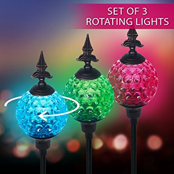 Crackle Ball Solar Lights with Spinning Glass & Decorative Copper Top | Heavy Duty Iron Stakes | Color Changing Stake Lamps | Accent Lighting for Garden/ Yard/ Driveway (3 Pack)