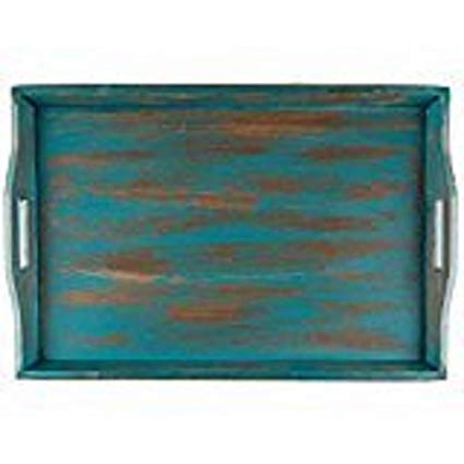 HL XXL Large Wooden Serving Tray Distressed Turquoise Rustic Wood Ottoman 24" x 16"