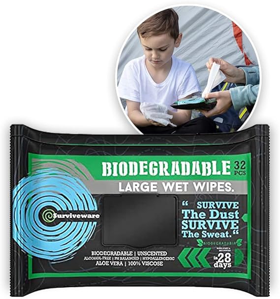 Surviveware Biodegradable Wet Wipes Large Pack - Rinse Free Shower Wipes for Post Workouts, Camping, Backpacking, Outdoors and Hiking
