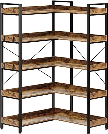 Rolanstar Bookshelf 5 Tier with 4 Hooks, Reversible Corner Bookshelf, 65" Industrial Wooden Bookcase with Open Shelves and Metal Frame for Living Room, Bedroom, Home Office, Rustic Brown