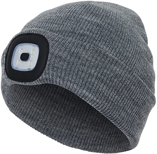 Ideashop LED Beanie Hat with Light for Kids, Rechargeable Hands Free LED Kids Headlamp Beanie Cap with 3 Adjustable Brightness LED Winter Knitted Hat Soft Lightweight Warm Cap for Boys Girls (Grey)