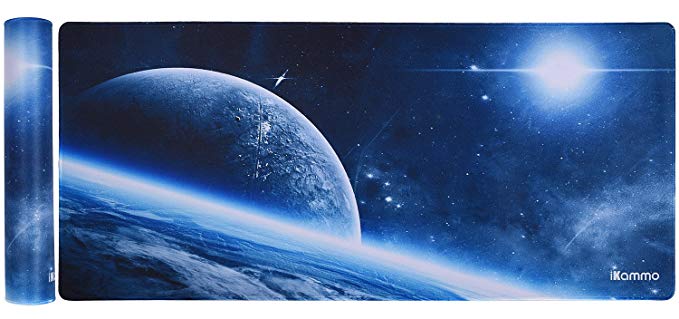 Gaming Mouse and Keyboard Mat, iKammo Desk Pad Extended XXL Professional Large Mouse Pad on Work Desk, Non-Slip Anti-fray Rubber Base with Stitched Edges, Size 35inch x 15.55inch (XXL-Space Ship)