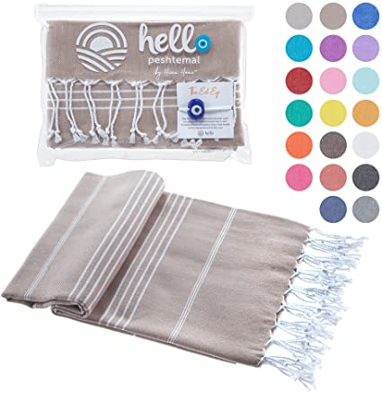 Hello Peshtemal Turkish Beach Towel, Prewashed, 100% Cotton, Soft, Absorbent, Quick Dry, Sand Free Oversized Bath Towels for Bathroom, Pool, Travel, Size 39x71 Inches (Beige)