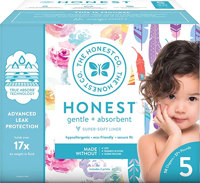 The Honest Company Club Box Diapers with TrueAbsorb Technology, Rose Blossom & Feathers, Size 5, 50 Count