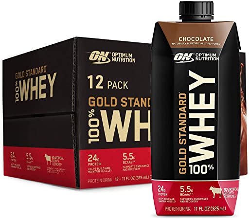 Optimum Nutrition Gold Standard 100% Whey Protein Shake, Ready to Drink, Gluten Free, 24g Protein, Chocolate, 11 Fl Oz, 12 Count