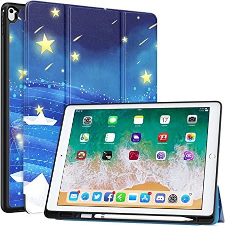 MoKo Case Fit iPad Pro 12.9 2017/2015 with Apple Pencil Holder - Slim Lightweight Smart Shell Stand Cover Case with Auto Wake/Sleep Fit Apple iPad Pro 12.9 (1st & 2nd Gen), Dreamy Blue Sea & Stars